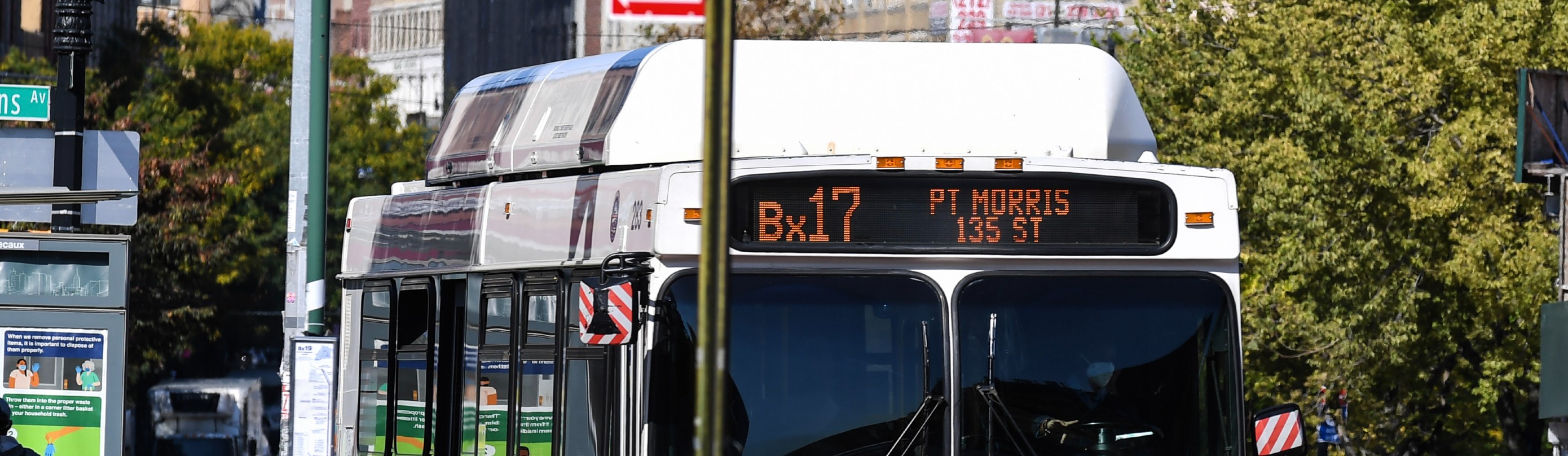 A bus with an electronic scroll at the top that says Bx17