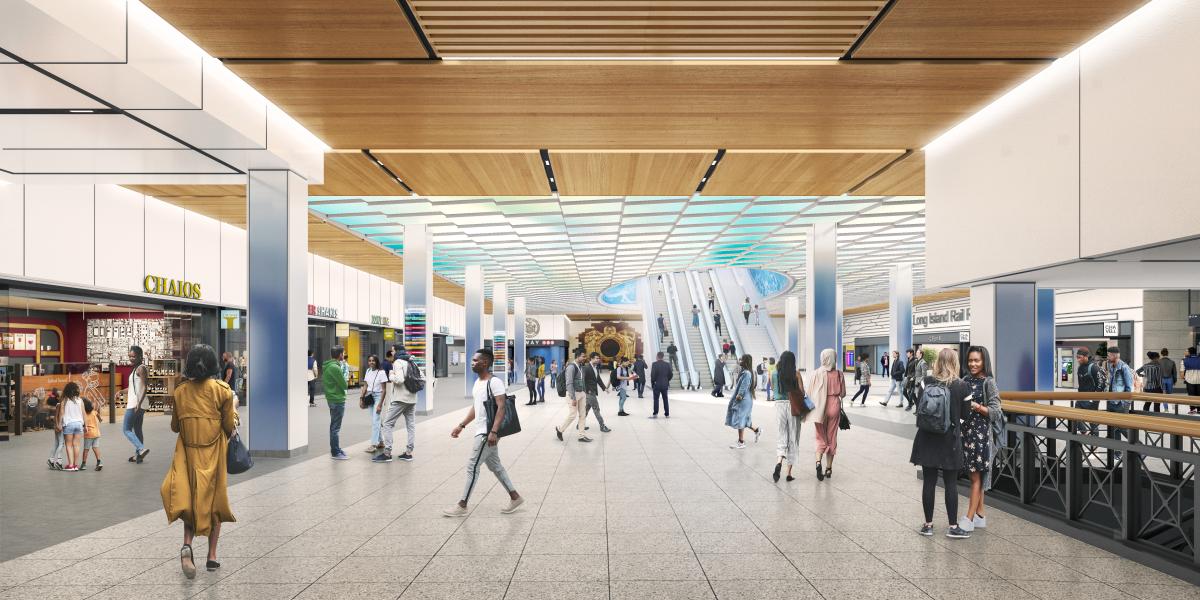 A digital rendering of the completed LIRR concourse.