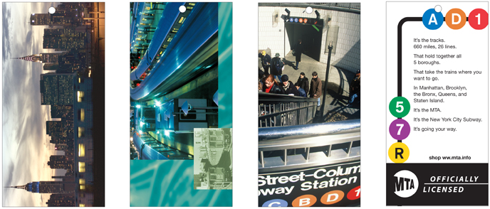 Four mockups of merchandise hang tags show examples of tags with photos, contemporary photos with historic photos, and graphics using subway route indicators.