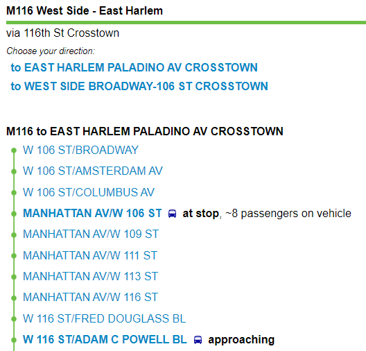 Screenshot of BusTime for the M116 bus eastbound between the West Side and East Harlem, showing a list of stops, with a bus stopped at Manhattan Av/W 106 St and a bus approaching West 106 St/Adam C Powell Bl