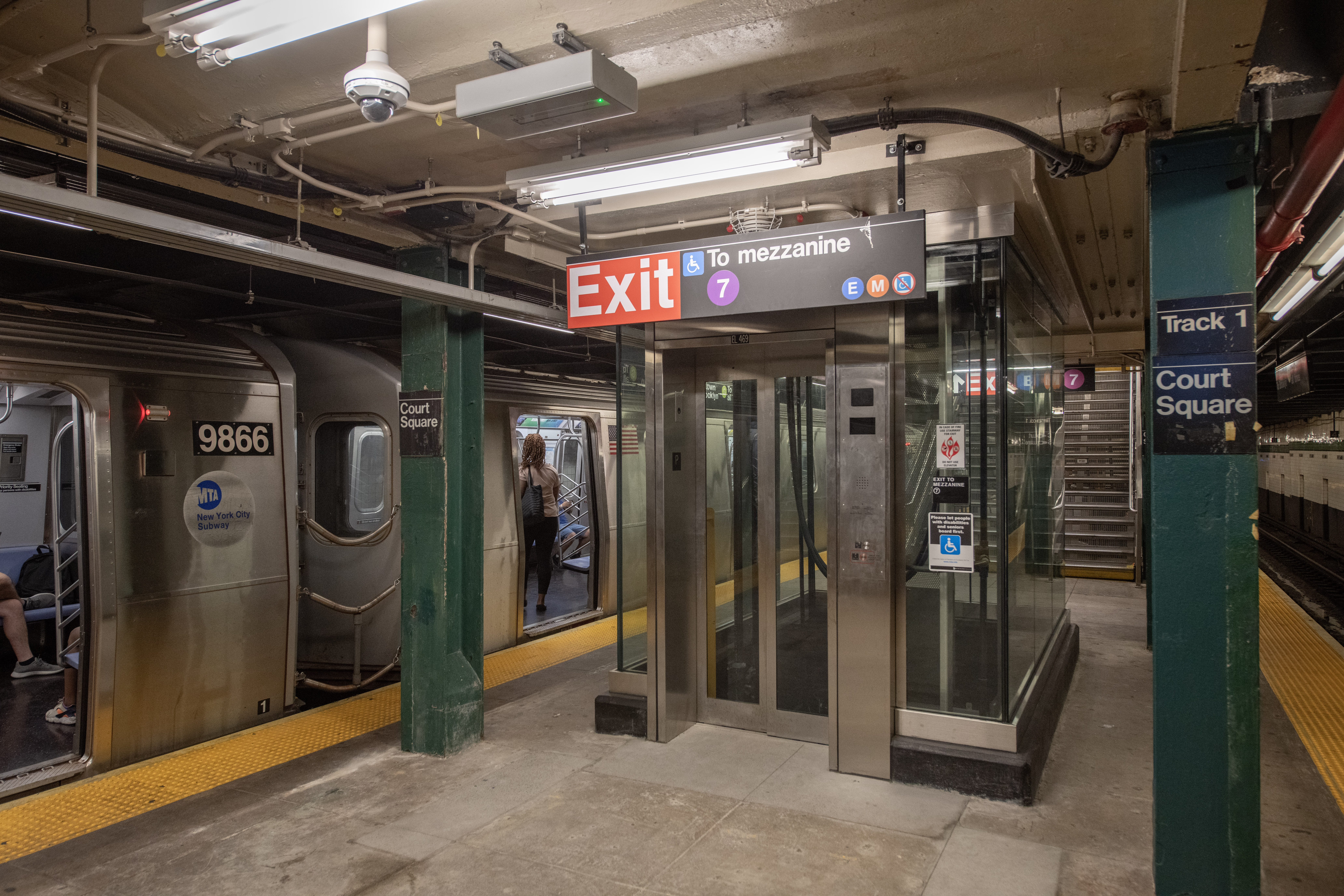 newly installed elevator from platform level at Court Square G Station 