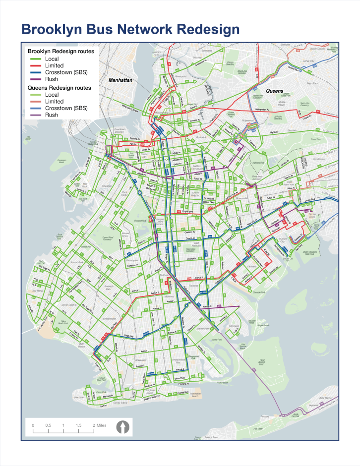 A map of the proposed Brooklyn local bus network redesign