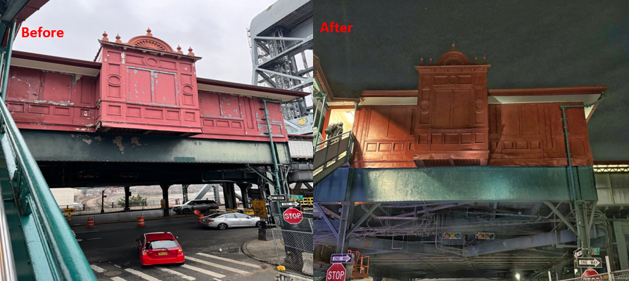 Before and after photos of a repainted mezzanine shed at Marble Hill-225 St station on the 1 line following Re-NEW-vation