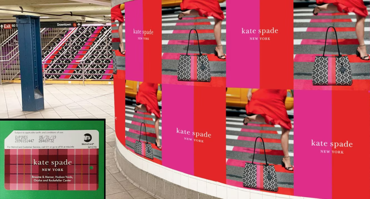 An image of bright pink Kate Spade advertising on the walls of the 59 St-Columbus Circle subway station with an inset photograph of the back of a MetroCard with Kate Spade plaid branding