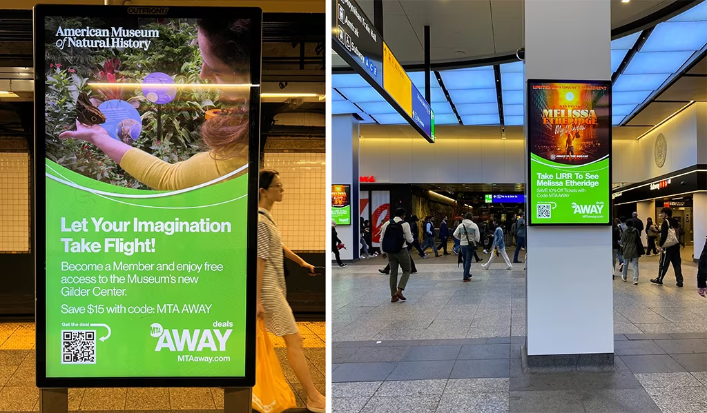 Two pictures, both showing MTA Away ads; the picture on the left shows an ad for the American Museum of Natural HIistory on a digital platform in a subway station and the picture on the right shows an MTA Away ad for Melissa Etheridge's Broadway show on a digital screen in Penn Station