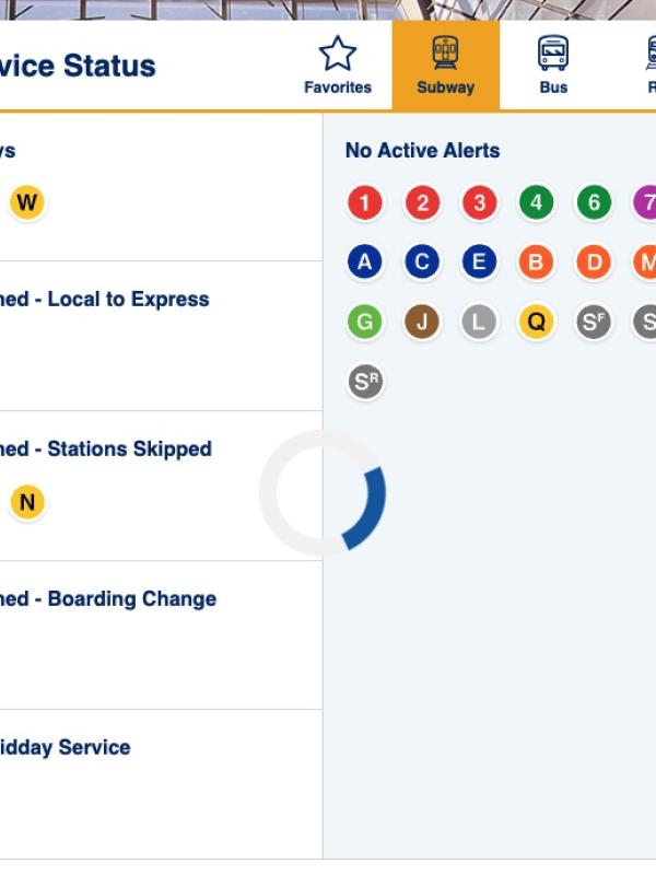 Screenshot of a colorful UI element. Headings on the left  indicate service status while underneath each one are the subway bullets for each affected line.
